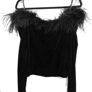 Off shoulder ostrich feather embellished velvet